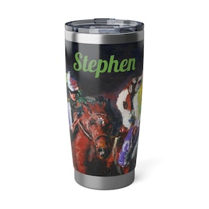 Personalized Horse Racing Tumbler Gift Coffee Travel Cup Horse Racing Fan Gift Dad Thoroughbred Horse Enthusiast Horse Ranch Vintage Art