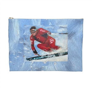 Skier Pouch Bag  Skiing Pouch  Makeup Bag for Skier  Gift for Skier  Vintage Skier Painting
