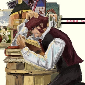 Op de afbeelding: Een man met rood haar zit op een kruk en leest een boek. Hij draagt een wit overhemd, een donker vest en een zwarte broek. Hij zit naast een houten vat en een stapel boeken. De achtergrond is wit met de tekst "BLOOD BLOCKADE BATTLE" in zwarte letters.