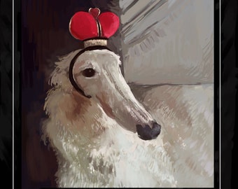 May include: An artistic illustration of a white Borzoi dog wearing a red crown. The dog's long snout and fluffy fur are detailed. The text "LORD FOOG the 2st" is displayed below the dog in a stylized font, set against a black background.