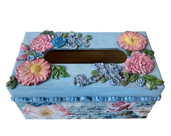 Handpainted Blue Flower Tissue Box, Tissue Box, Rectangle Tissue Box, Handcrafted Wooden Tissue Box Cover, Mothers Day, Housewarming Gift