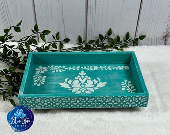 Wooden Farmhouse Chic Table Riser, Decorative Rustic wood box, Distressed Green Tray, French Country Chic Decor, Concole Table Decoration