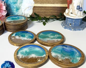 Resin Beach Coasters: Ocean Waves Wood Coaster Set, Coastal Decor