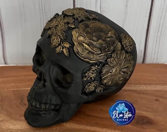 Gothic Skull Decor: Black Skull with Gold Floral Accents, Handmade Halloween Art
