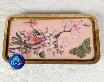 Acacia Wood Jewelry Tray: Floral Butterfly Design, Bedside Organizer