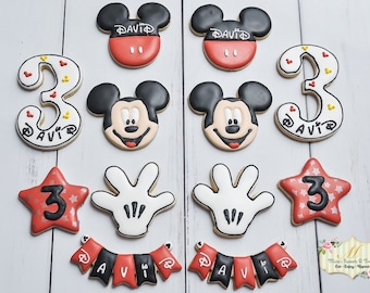 Mickey Mouse Birthday Cookies, Personalized Number Banner, One Dozen