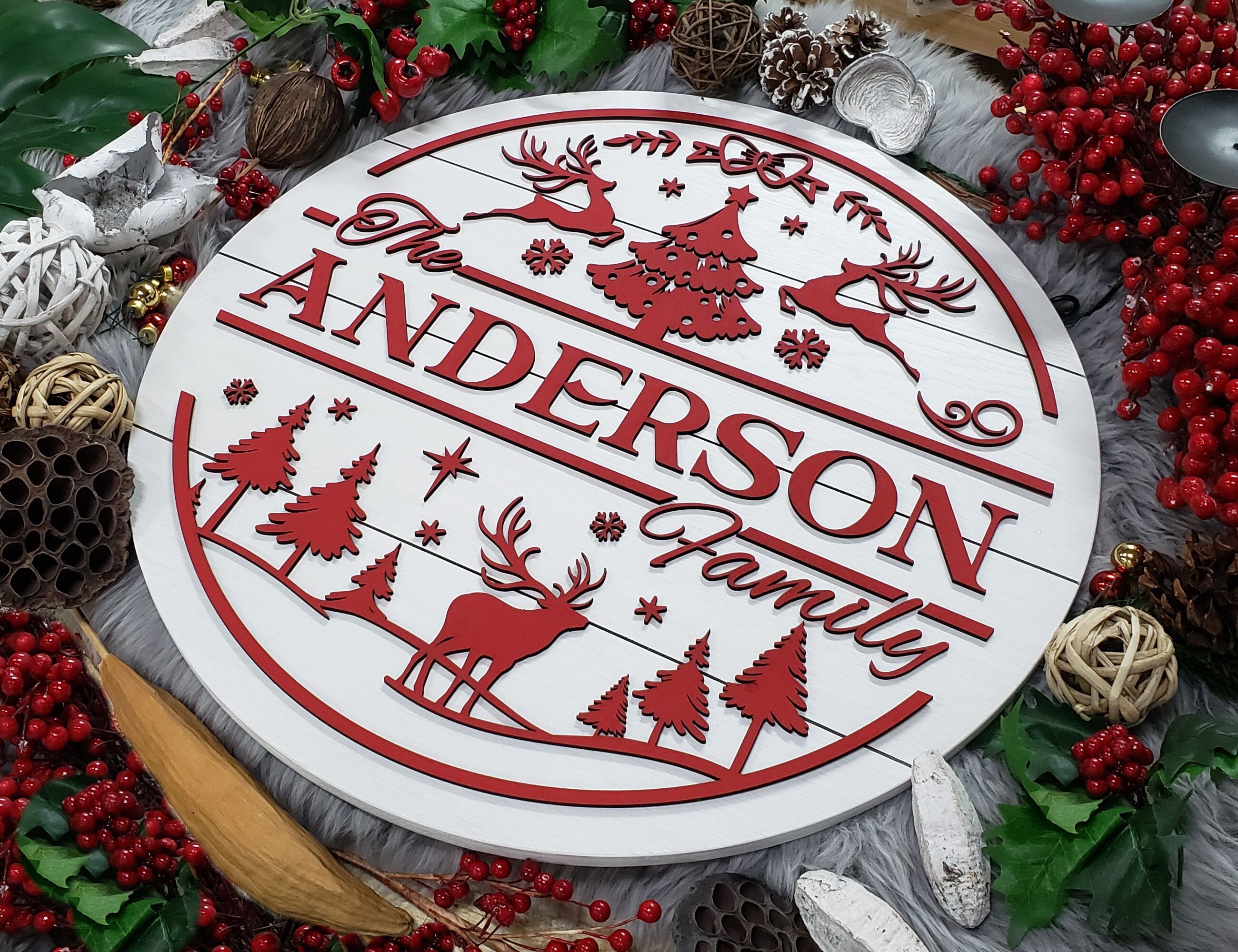Personalized Christmas Sign with Last Name | Laser Cut | Shiplap Lines