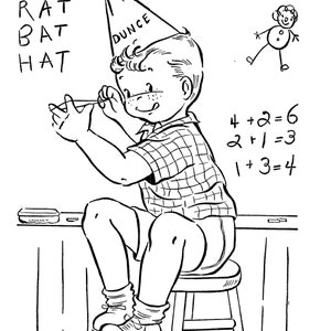 Peut inclure: Une illustration en noir et blanc d'un gar&ccedil;on portant un bonnet d'&acirc;ne et assis &agrave; un bureau. Il tient un crayon et semble travailler sur un probl&egrave;me de math&eacute;matiques. Les mots "RAT", "BAT" et "HAT" sont &eacute;crits sur le mur derri&egrave;re lui. Les probl&egrave;mes de math&eacute;matiques sur le mur sont : 4+2=6, 2+1=3 et 1+3=4.