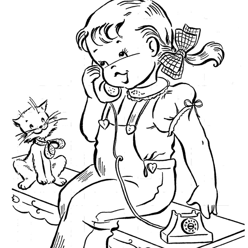 Peut inclure: Un dessin au trait noir et blanc d'une fille assise sur un banc en train de parler au t&eacute;l&eacute;phone. Un chat est assis sur le banc &agrave; c&ocirc;t&eacute; d'elle.