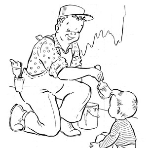 Peut inclure: Un homme portant une salopette et un chapeau est agenouill&eacute; et tient un pinceau. Il sourit et regarde un enfant assis sur le sol. L'homme tient un pot de peinture dans son autre main. L'enfant regarde le pinceau.