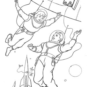 May include: A black and white line drawing of two astronauts floating in space. One astronaut is wearing a helmet and is holding onto a rocket. The other astronaut is floating in the air with their arms outstretched.