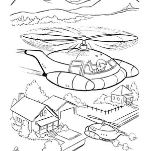 May include: A black and white illustration of a futuristic helicopter flying over a suburban neighborhood. The helicopter has a large, rounded body and a single rotor blade. A person is sitting in the cockpit and waving. There are two houses in the background, one with a garage and the other with a fence.