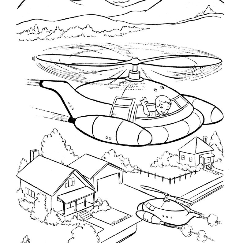 May include: A black and white illustration of a futuristic helicopter flying over a suburban neighborhood. The helicopter has a large, rounded body and a single rotor blade. A person is sitting in the cockpit and waving. There are two houses in the background, one with a garage and the other with a fence.