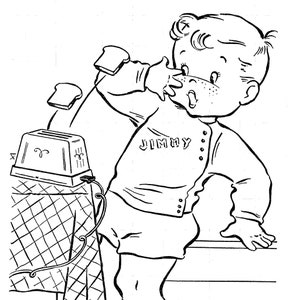 Peut inclure: Un dessin au trait noir et blanc d'un gar&ccedil;on nomm&eacute; Jimmy, portant un pull avec son nom dessus, attrapant deux tranches de pain grill&eacute; qui sortent d'un grille-pain.
