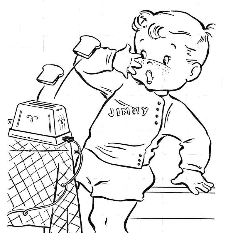 Peut inclure: Un dessin au trait noir et blanc d'un gar&ccedil;on nomm&eacute; Jimmy, portant un pull avec son nom dessus, attrapant deux tranches de pain grill&eacute; qui sortent d'un grille-pain.