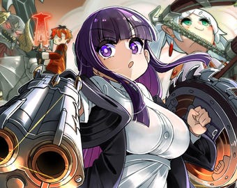 Puede incluir: Ilustración de estilo anime que presenta a una mujer con cabello y ojos morados, sosteniendo una gran pistola de doble cañón. Otros personajes con armas y armaduras están en el fondo. La obra de arte tiene una sensación dinámica y orientada a la acción.