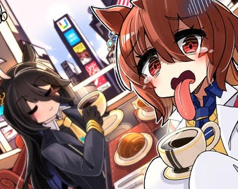 Puede incluir: Ilustración de estilo anime que muestra a dos personajes en un café. Uno, con cabello negro y un traje, sostiene una taza de café. El otro, con cabello castaño y una bata de laboratorio, saca la lengua. Se ven vallas publicitarias de la ciudad en el fondo.