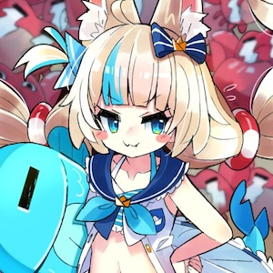 Puede incluir: Ilustración de estilo anime de un personaje con cabello rubio, ojos azules y orejas de zorro. El personaje viste un atuendo de temática marinera con detalles en azul y blanco y sostiene un escudo azul. Criaturas rojas con forma de cangrejo en el fondo.