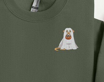 かわいい犬のゴーストスウェットシャツ、刺繍入りハロウィンスウェットシャツ、ハロウィンクルーネック、ユニセックススウェットシャツ、美的クルーネック、不気味な季節