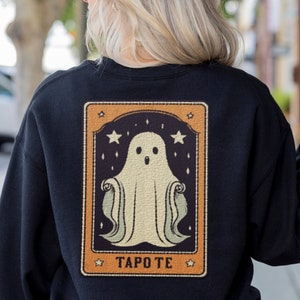 Moletom bordado de Halloween com tarô fantasma, gola redonda de Halloween com cartas de tarô, moletom estético gótico com gola redonda, camisa de cartas de tarô bruxa