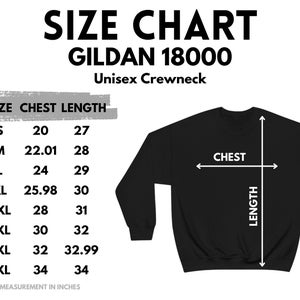 Puede incluir: Tabla de tallas para sudaderas con cuello redondo unisex Gildan 18000. La tabla muestra las medidas de pecho y largo en pulgadas para las tallas S a 5XL.