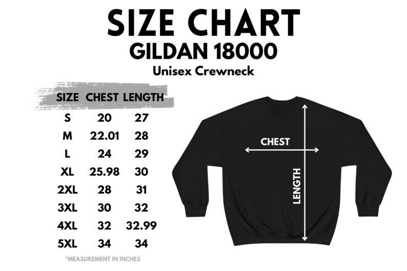 Puede incluir: Tabla de tallas para sudaderas con cuello redondo unisex Gildan 18000. La tabla muestra las medidas de pecho y largo en pulgadas para las tallas S a 5XL.