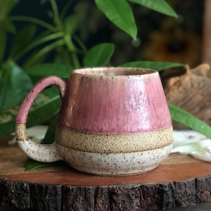 18 ounce clay stripe mug. Satin matte rose/Ivory on speckled clay. Pottery mug. Hand made mug. Boho Mug.
