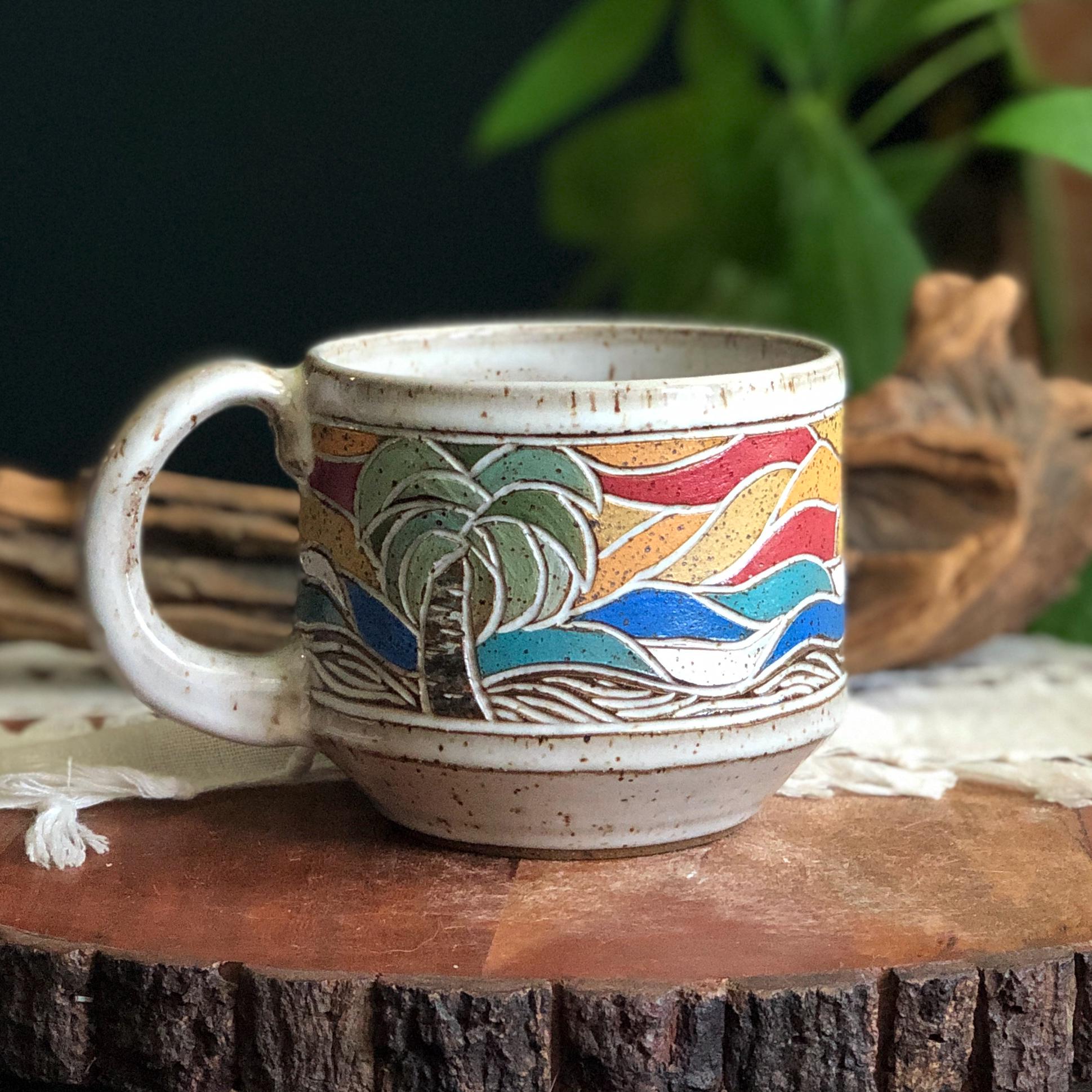 17 oz hand painted Ocean Sunset Palm Tree mug. Speckled clay mug. Pottery mug. Hand made mug. Boho Mug.