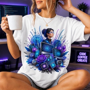 May include: A white short-sleeved t-shirt featuring a graphic print of a person wearing glasses surrounded by blue and purple digital technology elements, computer monitors, circuit boards, and stylized floral shapes in a vibrant tech-themed design.