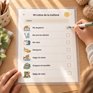 Puede incluir: Una lista de control plastificada para la rutina matutina titulada Mi rutina de la mañana, con un campo para el nombre y seis tareas ilustradas con iconos de ositos, incluyendo despertarse, lavarse los dientes, vestirse, desayunar y salir de casa.