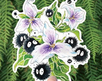 Sprites de suie de trillium - art autocollant en vinyle - créature fantastique de la forêt sorcière Ghibli fée mythique Totoro aquarelle lunatique chihiro