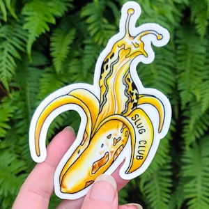 May include: A die-cut sticker featuring a yellow banana peel with a slug inside. The slug has a yellow and black pattern. The banana peel has the words "SLUG CLUB" printed on it. The sticker is held in front of a green leafy background.