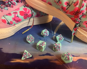 Green Tea Cherry Blossom Sakura DnD Dice Set (New number color!)