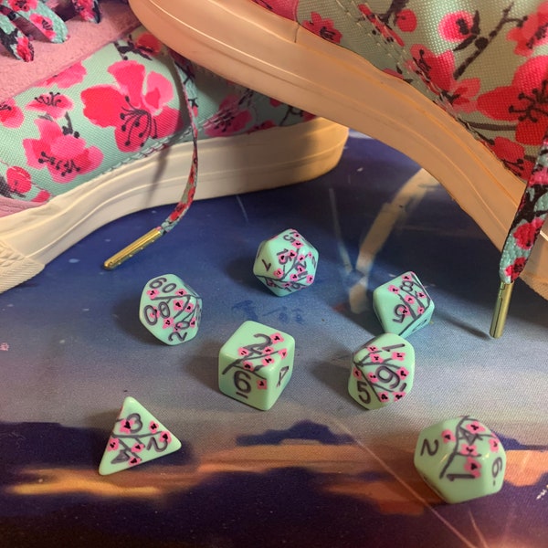 Green Tea Cherry Blossom Sakura DnD Dice Set (New number color!)