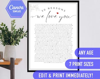 30 reasons we love  you, 30th birthday gift, 30 things that we love about you, 30th birthday decoration, canva template, 30 birthday ideas