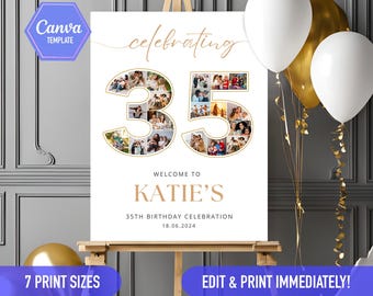 35th birthday sign Photo collage, 35th bday ideas, 35th birthday decoration gold white Welcome sign | CANVA Editable DIY template poster