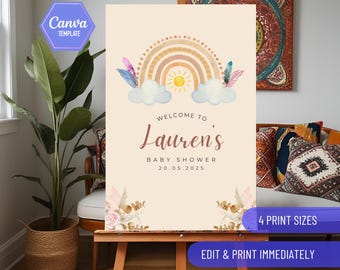 Modèle modifiable pour signe de bienvenue Boho Baby Shower | Édition GRATUITE sur Canva | Idées de fête de bébé neutres en genre pour baby shower bohème