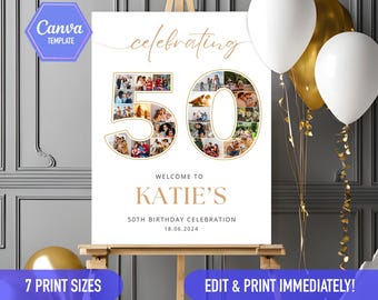Collage de fotos de letreros para 50 cumpleaños, ideas para 50 cumpleaños, decoración para 50 cumpleaños en dorado y blanco. Letrero de bienvenida / Plantilla editable CANVA DIY.