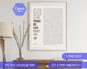 60 reasons we love  you, 60th birthday gift, 60 things that we love about you, 60th birthday canva template, 60 birthday ideas