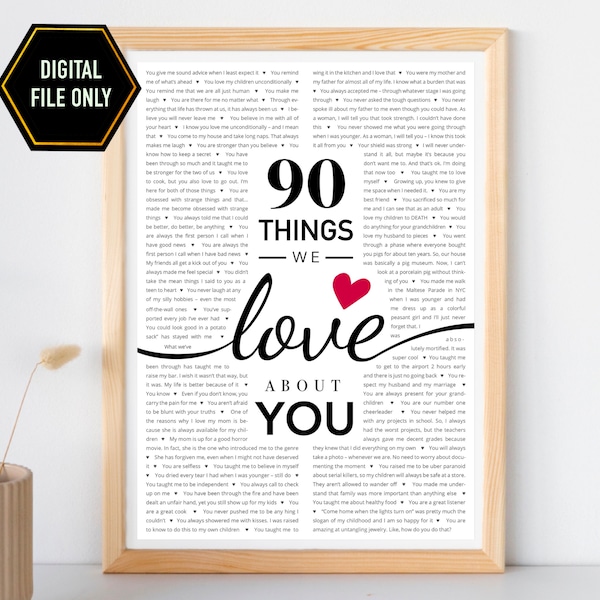 90 things we love about you, 90th birthday gift, 90th bday ideas, 90th birthday decoration, ninety birthday, 90 birthday ideas,90 bday gift