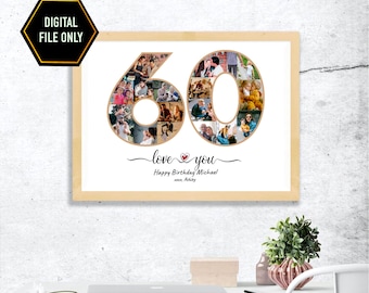 May include: A printable 60th birthday photo collage with a brown background and a red heart. The text reads "love you Happy Birthday Michael love, Ashley".