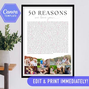 50 redenen waarom we van je houden, cadeau voor 50e verjaardag, 50 dingen die we leuk vinden aan jou, sjabloon 50 redenen, verjaardagssjabloon, bewerkbare canvassjabloon