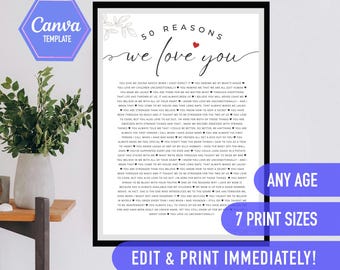 50 reasons we love  you, 50th birthday gift, 50 things that we love about you, 50th birthday ideas, fifty birthday, editable canva template