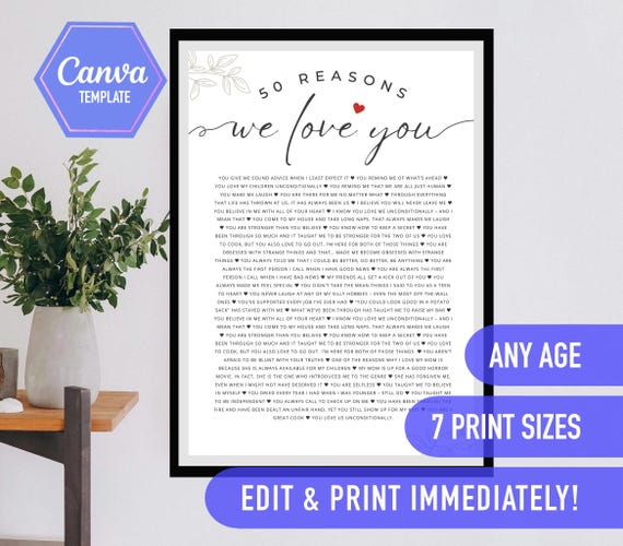 50 reasons we love  you, 50th birthday gift, 50 things that we love about you, 50th birthday ideas, fifty birthday, editable canva template