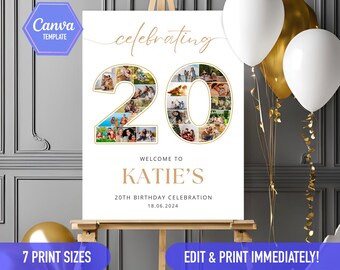 20th birthday sign Photo collage, 20th bday ideas, 20th birthday decoration gold white Welcome sign | CANVA Editable DIY template poster
