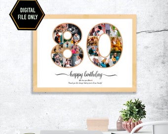 May include: A digital printable photo collage design featuring the numbers 80 made of photos, with the text "happy birthday" and "We love you Mom" below the numbers. The text "Thank you for always taking care of our family!" is below the phrase "happy birthday".