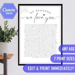 May include: Printable 80 Reasons We Love You poster with a black and white design. The poster features a list of reasons why someone might love another person. The poster is perfect for a birthday, anniversary, or any other special occasion.