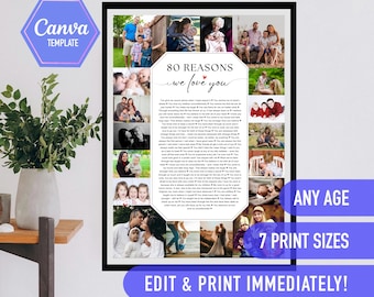 Puede incluir: Una plantilla de collage imprimible con 80 razones para amar a alguien, rodeada de 12 marcadores de posición para fotos. El texto dice "80 razones por las que te queremos". La plantilla está disponible en 7 tamaños de impresión y es adecuada para cualquier edad.