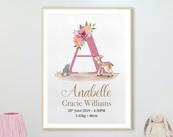 May include: Pink floral letter A with a deer and bunny, personalized with the name Anabelle Gracie Williams, birthdate 28th June 2019, 4:30PM, weight 3.45kg and length 48cm.