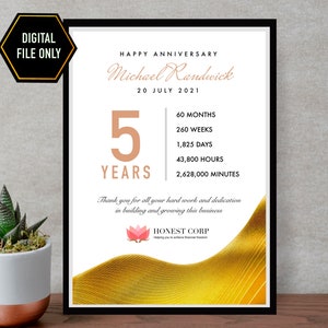 以下が含まれることがあります： 「Happy Anniversary Michael Randwick 20 July 2021」と「5 Years」のテキストが書かれた、金色と白の証明書。証明書には、5年間の月数、週数、日数、時間数、分数が記載されています。「Thank you for all your hard work and dedication in building and growing this business」というテキストも含まれています。証明書は、波模様の金色の背景をしています。